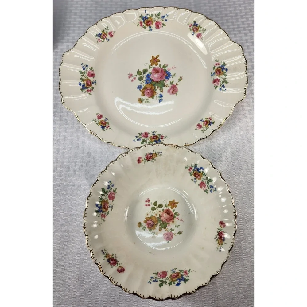 Antique Limoges English Rose Serving Platter & Serving Bowl 22K Gold